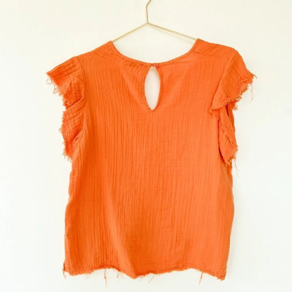 Stark X Gauze Ruffle Sleeve V Neck Orange Top Small